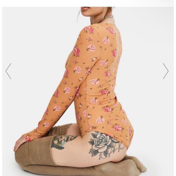 NWOT Intimately Free People Dylan Henley Size S Waffle Knit Roses Bodysuit Boho - Picture 2 of 10